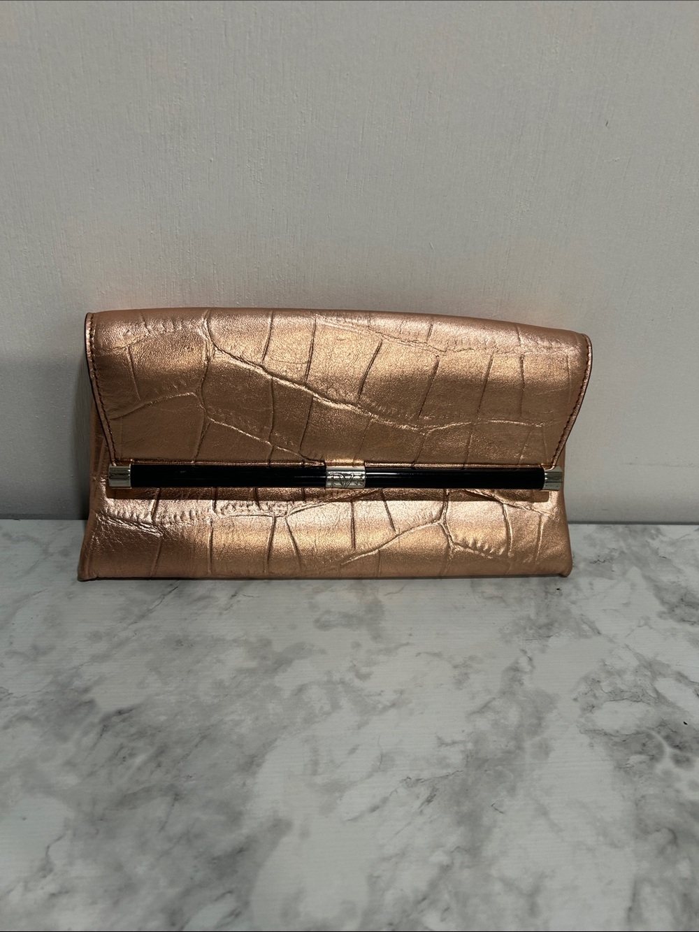DVF Diane von Furstenberg 440 Envelope Metallic Snake Clutch Soft Pink